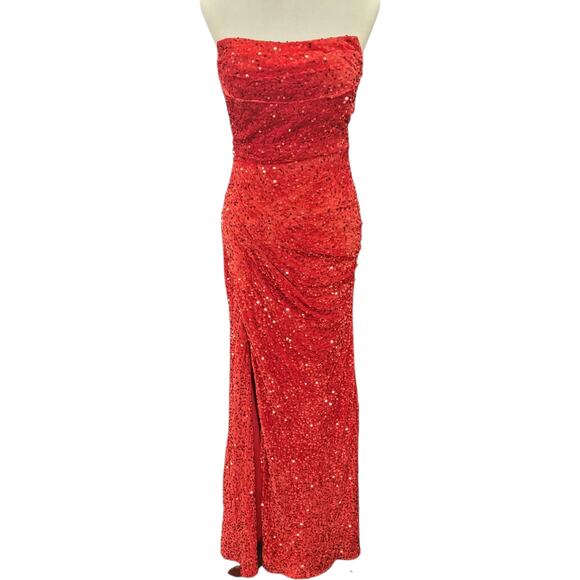 NWT Bright Red Strapless Sequin Evening Gown with Corset Back on Velvet Fabric - Picture 1 of 11